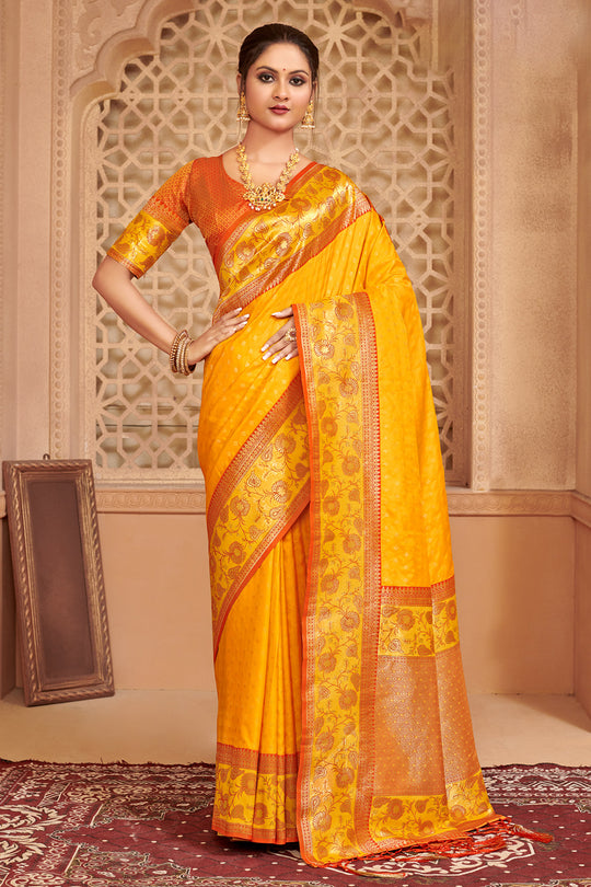 Mustard Yellow Banarasi Silk Saree With Blouse