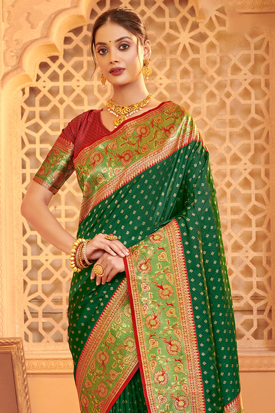 Dark Green Banarasi Silk Saree With Blouse