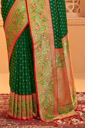 Dark Green Banarasi Silk Saree With Blouse