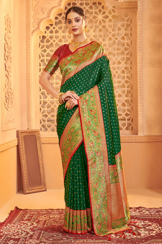 Dark Green Banarasi Silk Saree With Blouse