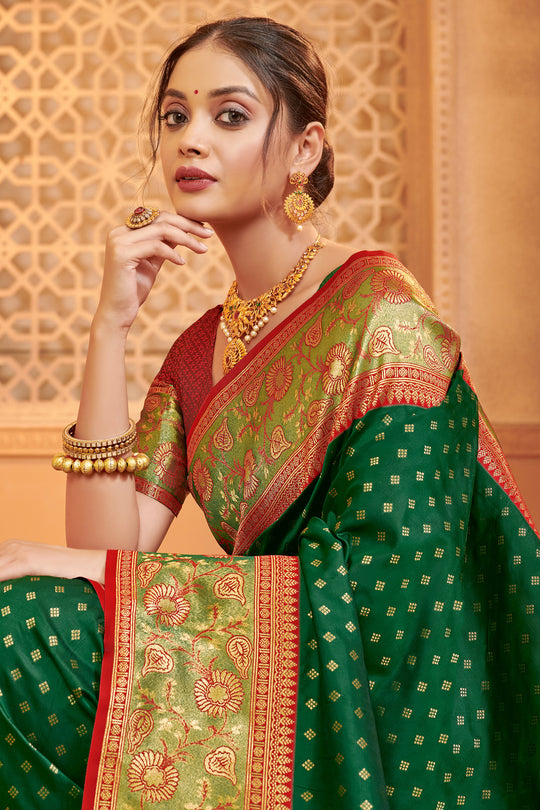 Dark Green Banarasi Silk Saree With Blouse