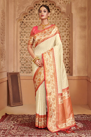 Off White Banarasi Silk Saree With Blouse