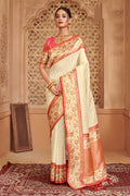 Off White Banarasi Silk Saree With Blouse