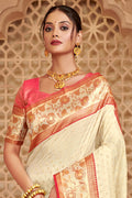 Off White Banarasi Silk Saree With Blouse