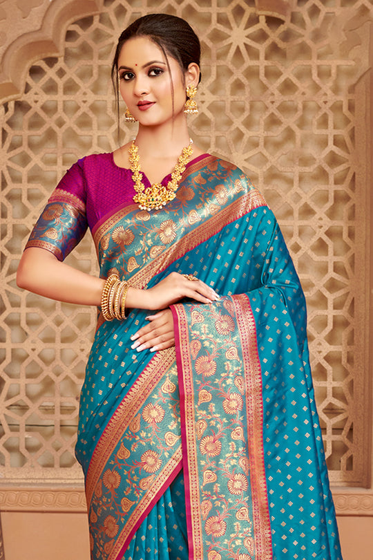 Sky Blue Banarasi Silk Saree With Blouse