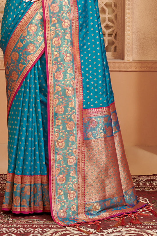 Sky Blue Banarasi Silk Saree With Blouse