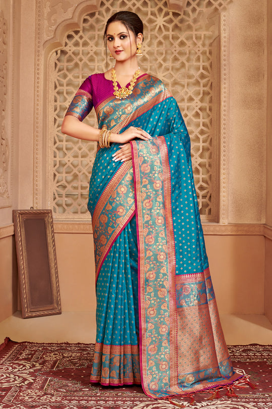Sky Blue Banarasi Silk Saree With Blouse