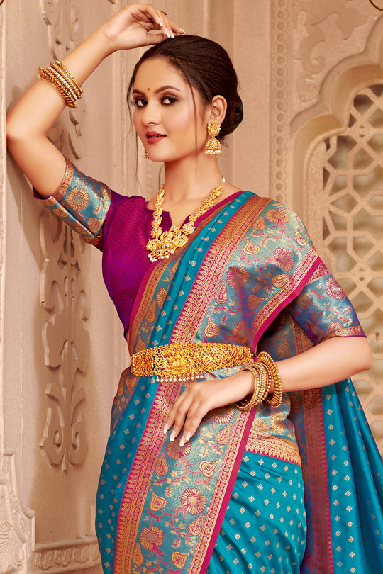 Sky Blue Banarasi Silk Saree With Blouse