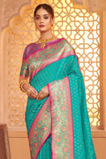 Turquoise Banarasi Silk Saree With Blouse