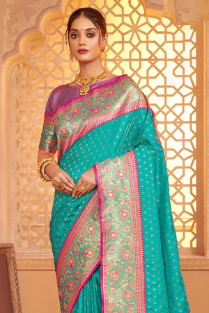 Turquoise Banarasi Silk Saree With Blouse