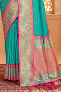 Turquoise Banarasi Silk Saree With Blouse