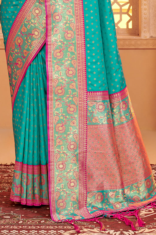 Turquoise Banarasi Silk Saree With Blouse