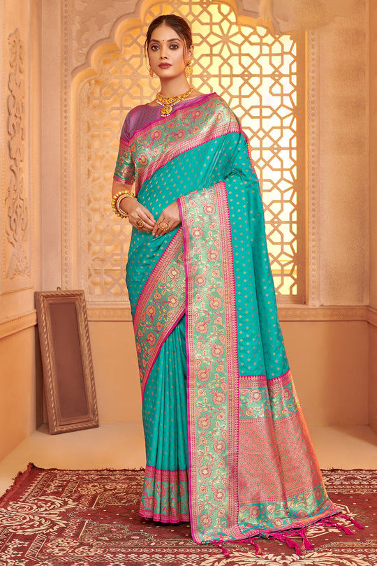 Turquoise Banarasi Silk Saree With Blouse