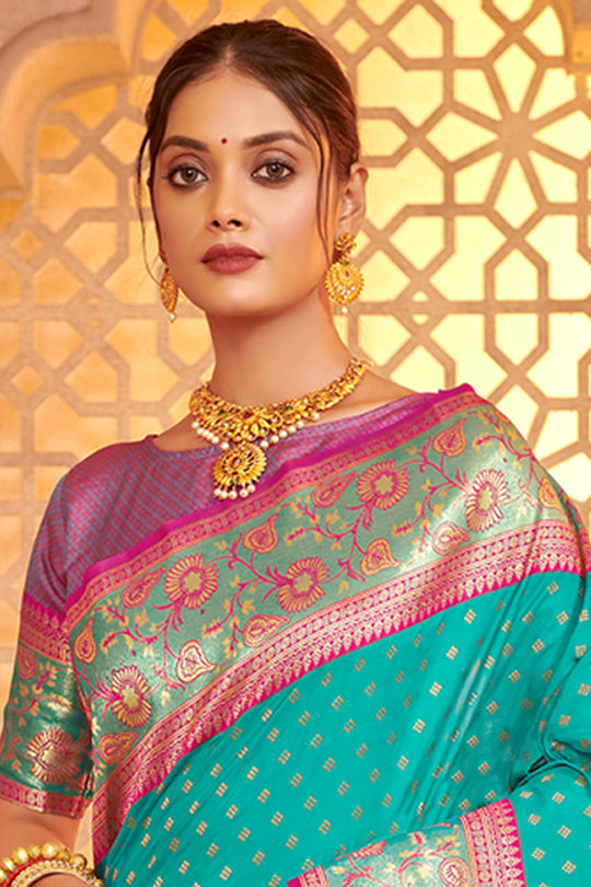 Turquoise Banarasi Silk Saree With Blouse