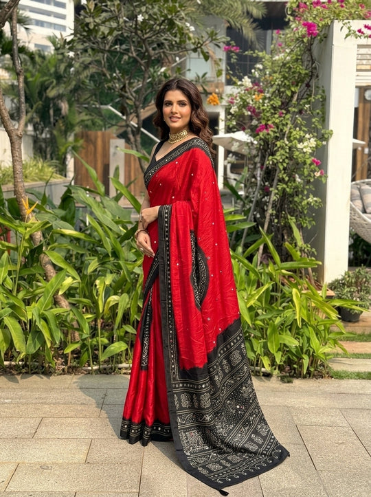 Printed Embellished Mirrorwork Bandhani Silk Blend Saree