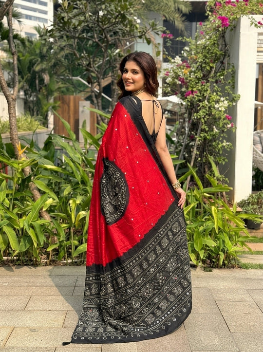 Printed Embellished Mirrorwork Bandhani Silk Blend Saree
