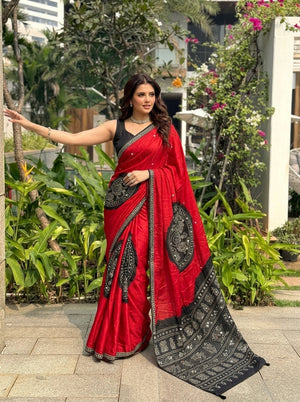 Printed Embellished Mirrorwork Bandhani Silk Blend Saree