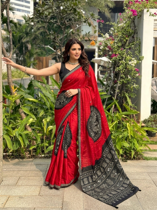 Printed Embellished Mirrorwork Bandhani Silk Blend Saree