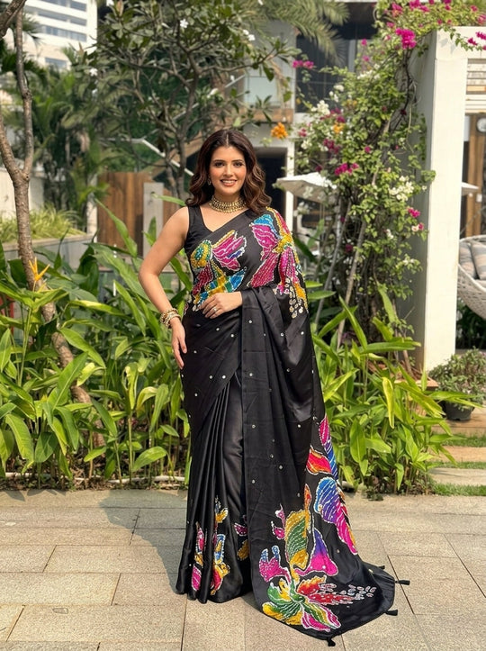 Printed Embellished Mirrorwork Ajrak Saree