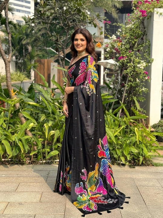 Printed Embellished Mirrorwork Ajrak Saree