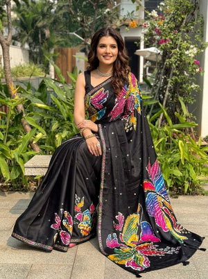 Printed Embellished Mirrorwork Ajrak Saree
