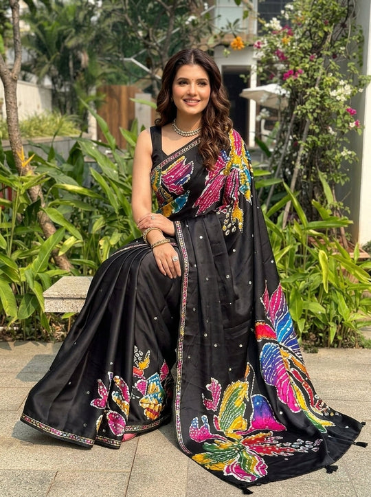 Printed Embellished Mirrorwork Ajrak Saree