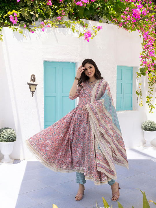 V-Neck Floral Printed Angrakha Pure Cotton Anarkali Kurta with Trousers & Dupatta