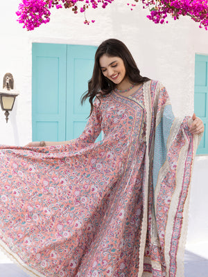 V-Neck Floral Printed Angrakha Pure Cotton Anarkali Kurta with Trousers & Dupatta