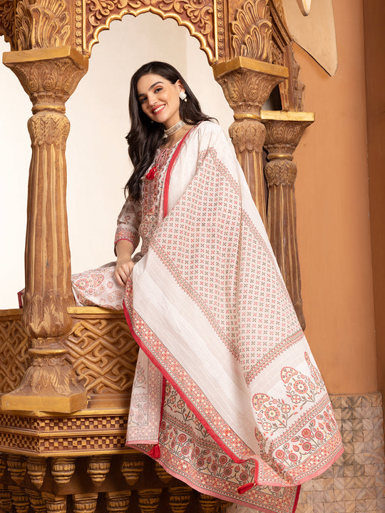 Embellished Ethnic Motifs Printed Tie Up Kurta with Pants And Printed Dupatt
