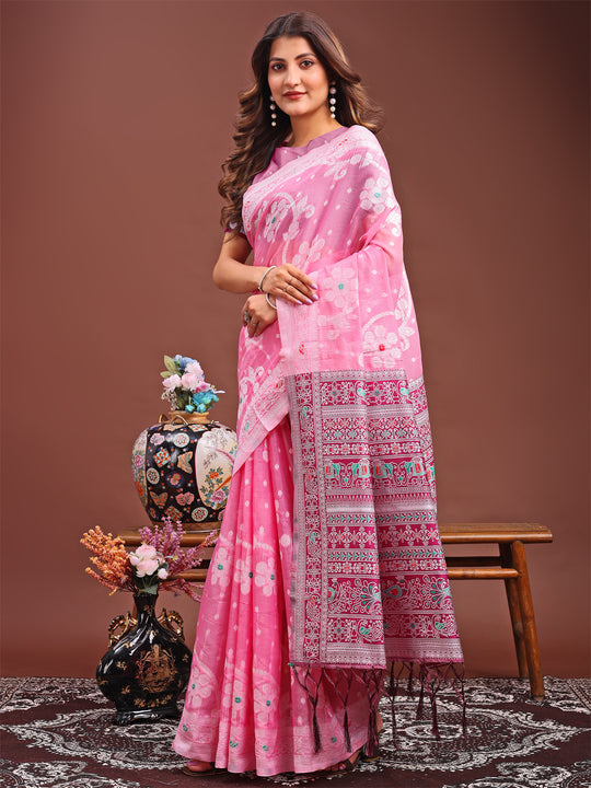 Pink Linen Cotton Saree With Blouse Piece