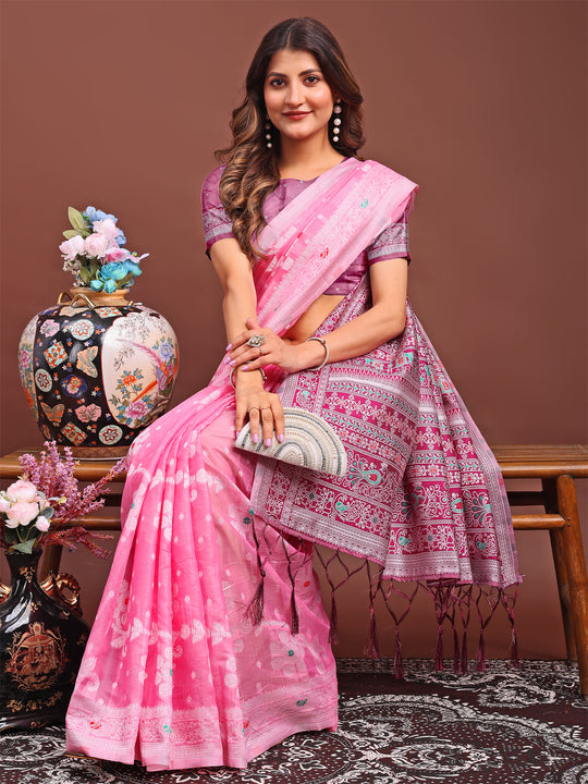 Pink Linen Cotton Saree With Blouse Piece