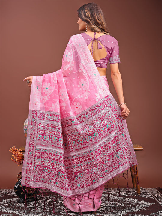 Pink Linen Cotton Saree With Blouse Piece