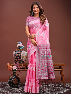 Pink Linen Cotton Saree With Blouse Piece