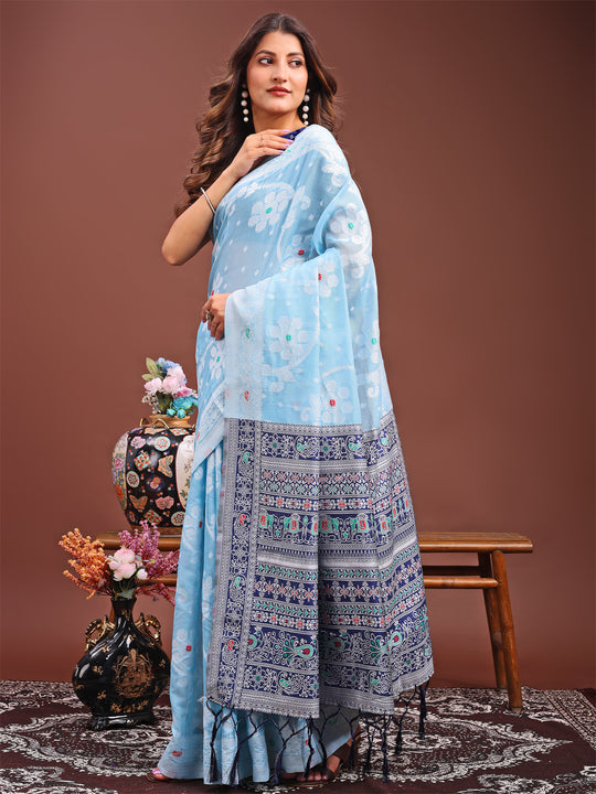 Sky Blue Linen Cotton Saree With Blouse Piece