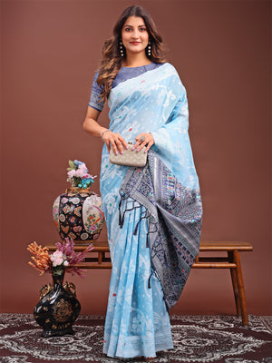 Sky Blue Linen Cotton Saree With Blouse Piece