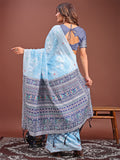 Sky Blue Linen Cotton Saree With Blouse Piece