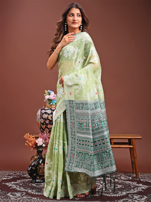 Light Green Linen Cotton Saree With Blouse Piece
