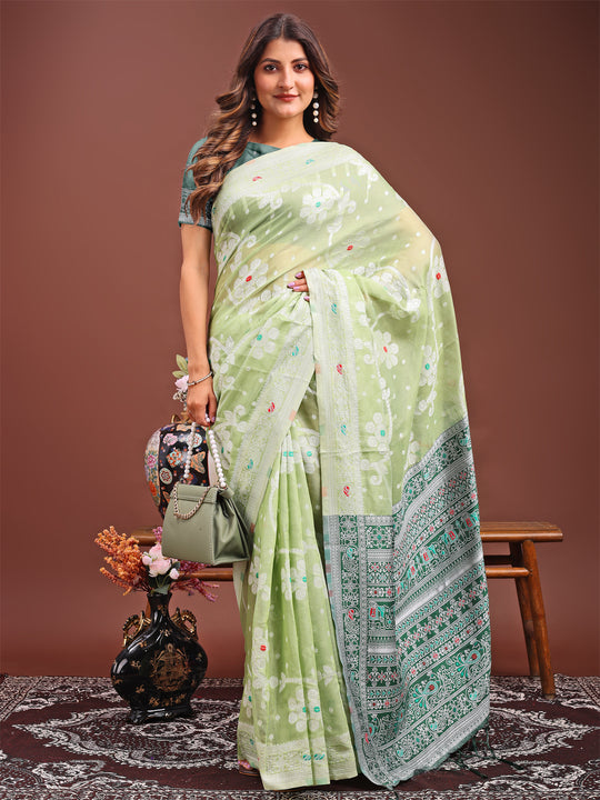 Light Green Linen Cotton Saree With Blouse Piece