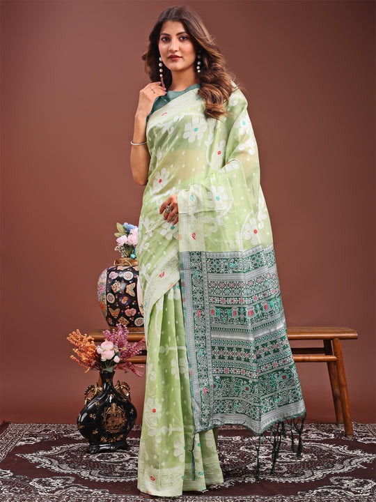 Light Green Linen Cotton Saree With Blouse Piece