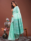 Sea Green Linen Cotton Saree With Blouse Piece