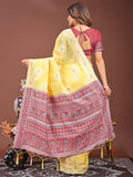 Yellow Linen Cotton Saree With Blouse Piece
