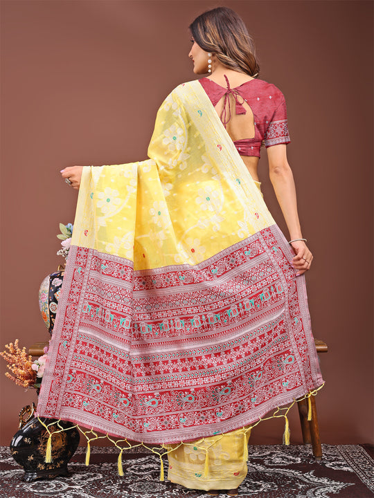 Yellow Linen Cotton Saree With Blouse Piece
