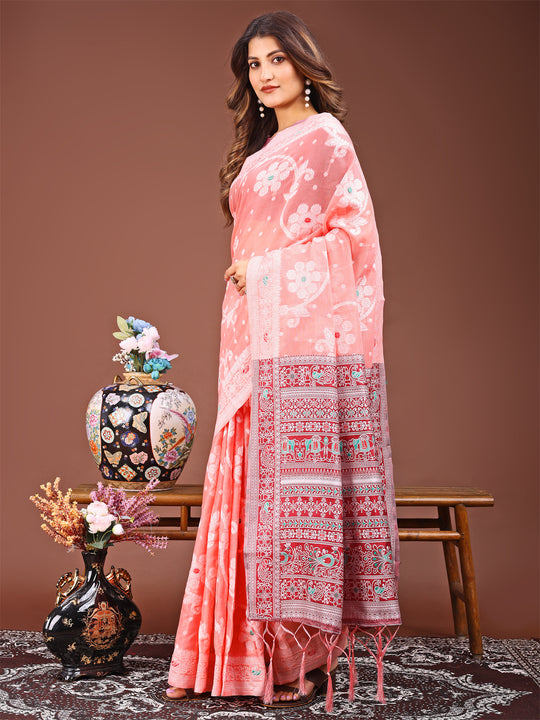 Peach Linen Cotton Saree With Blouse Piece