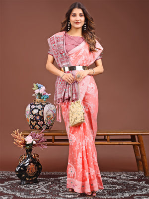 Peach Linen Cotton Saree With Blouse Piece