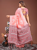 Peach Linen Cotton Saree With Blouse Piece
