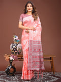 Peach Linen Cotton Saree With Blouse Piece