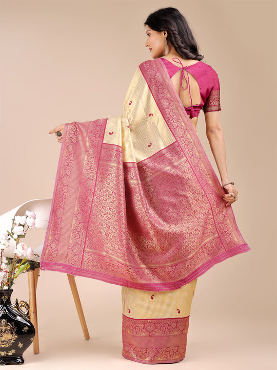 Cream & Magenta Banarasi Silk Saree With Blouse Piece