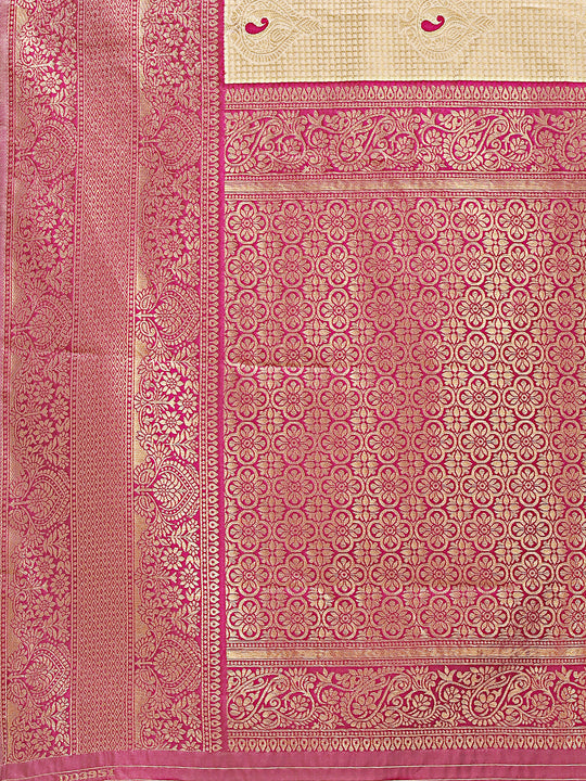 Cream & Magenta Banarasi Silk Saree With Blouse Piece