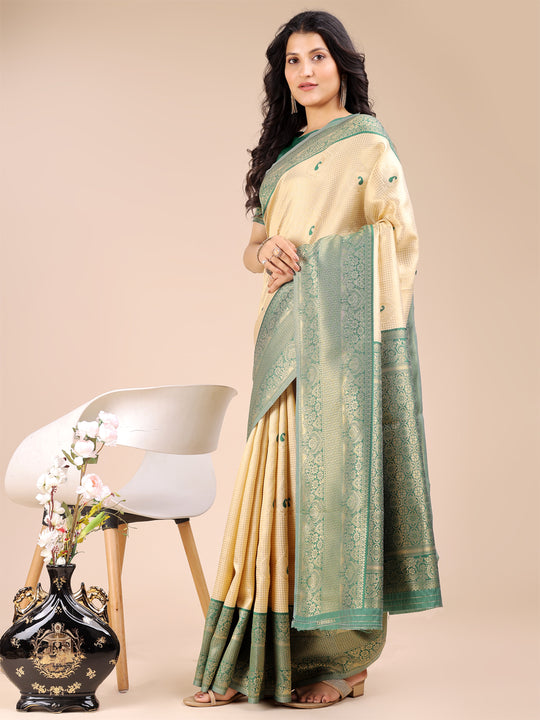 Cream & Green Banarasi Silk Saree With Blouse Piece