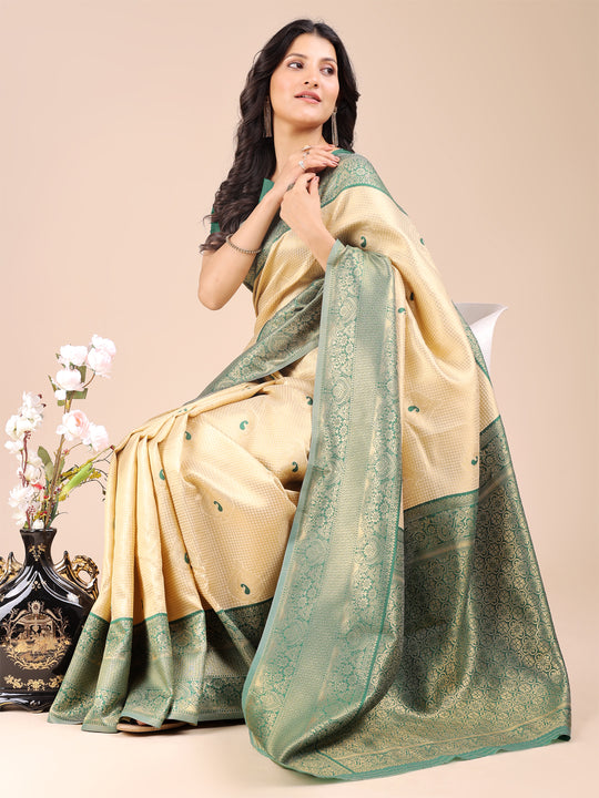 Cream & Green Banarasi Silk Saree With Blouse Piece